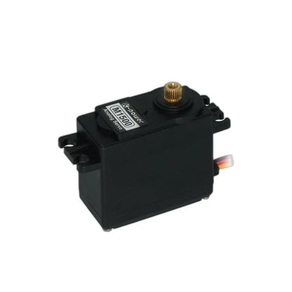 Black Kpower M1500 servo at a three-quarter angle, showing the exposed splined shaft, mounting tabs, and wire lead.