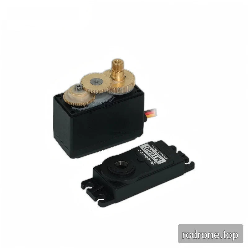 Opened M1500 servo showing intermeshing gears and the output shaft, with the detached labeled top cover beside it.
