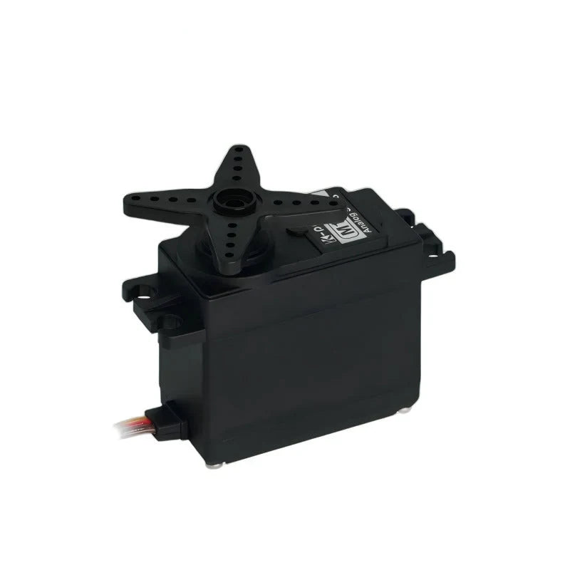 Black servo with a four-arm perforated horn attached, mounting tabs on both sides, and a wire lead at the lower left.