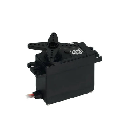 Black servo with a four-arm perforated horn attached, mounting tabs on both sides, and a wire lead at the lower left.