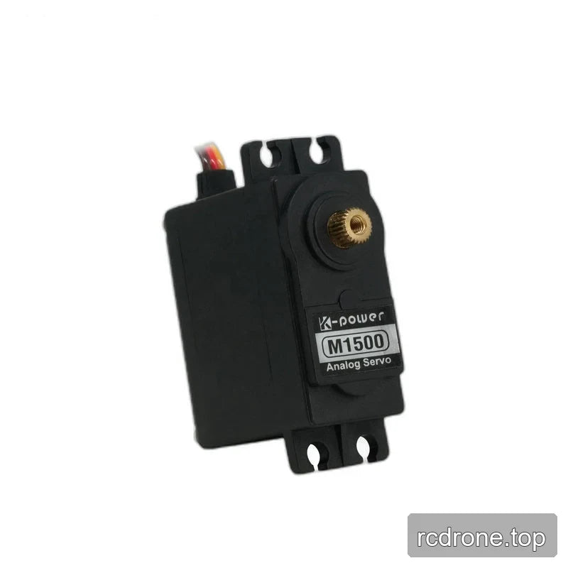 Upright black servo with a clearly visible K-power M1500 Analog Servo label, brass-colored shaft, and slotted mounting tabs.