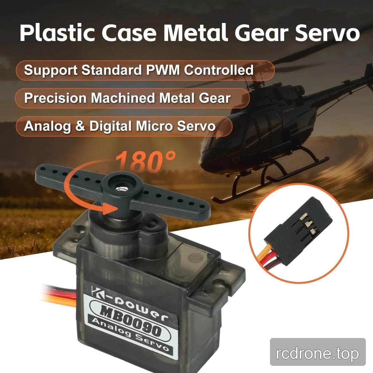 MB0090 plastic-case servo with fitted horn and three-contact connector inset