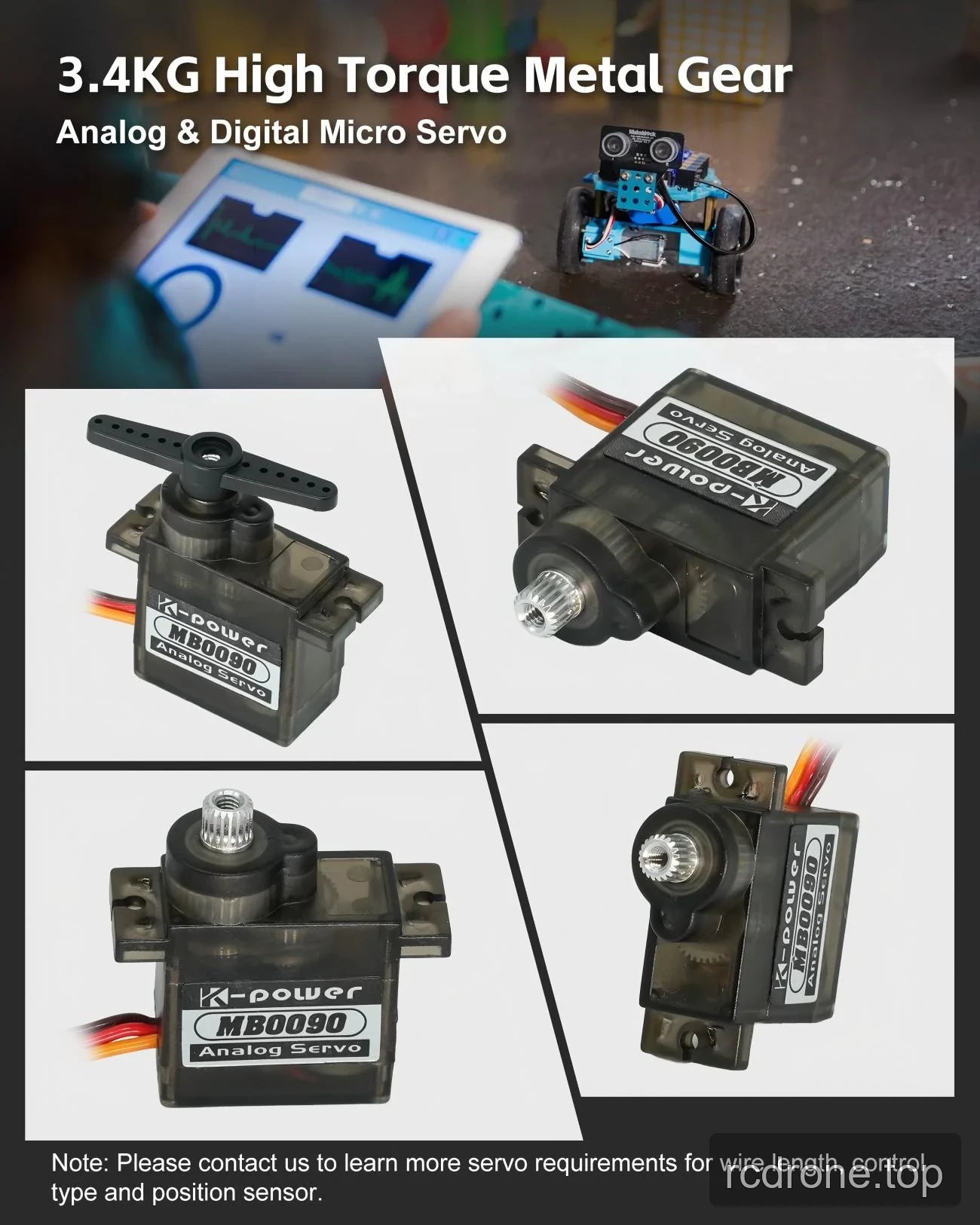 MB0090 servo views with mounting tabs, output spline and fitted horn