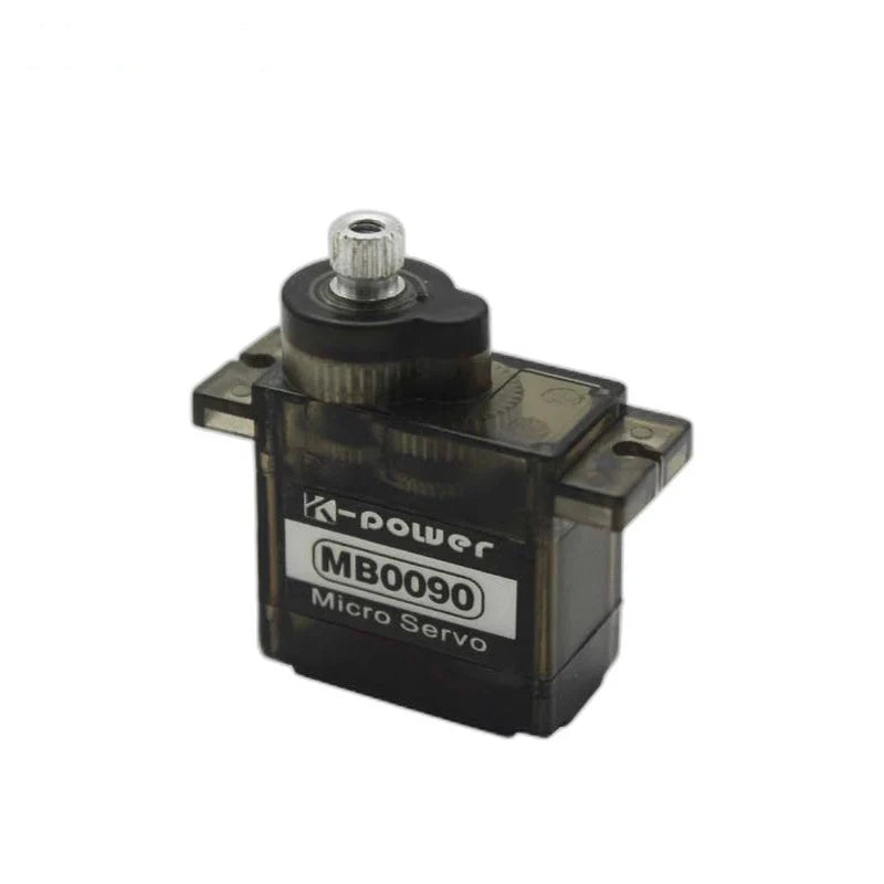 Right angled view of the MB0090 servo showing its side casing, slotted mounting tabs, front label, and splined shaft.