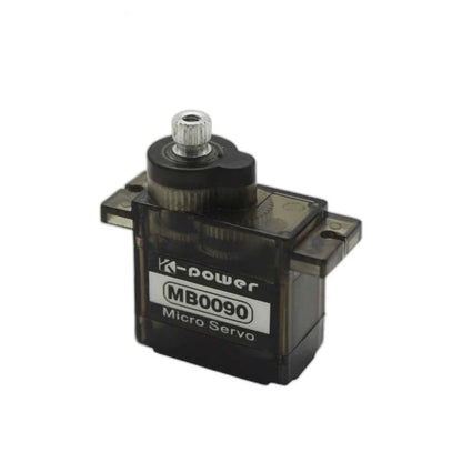 Right angled view of the MB0090 servo showing its side casing, slotted mounting tabs, front label, and splined shaft.