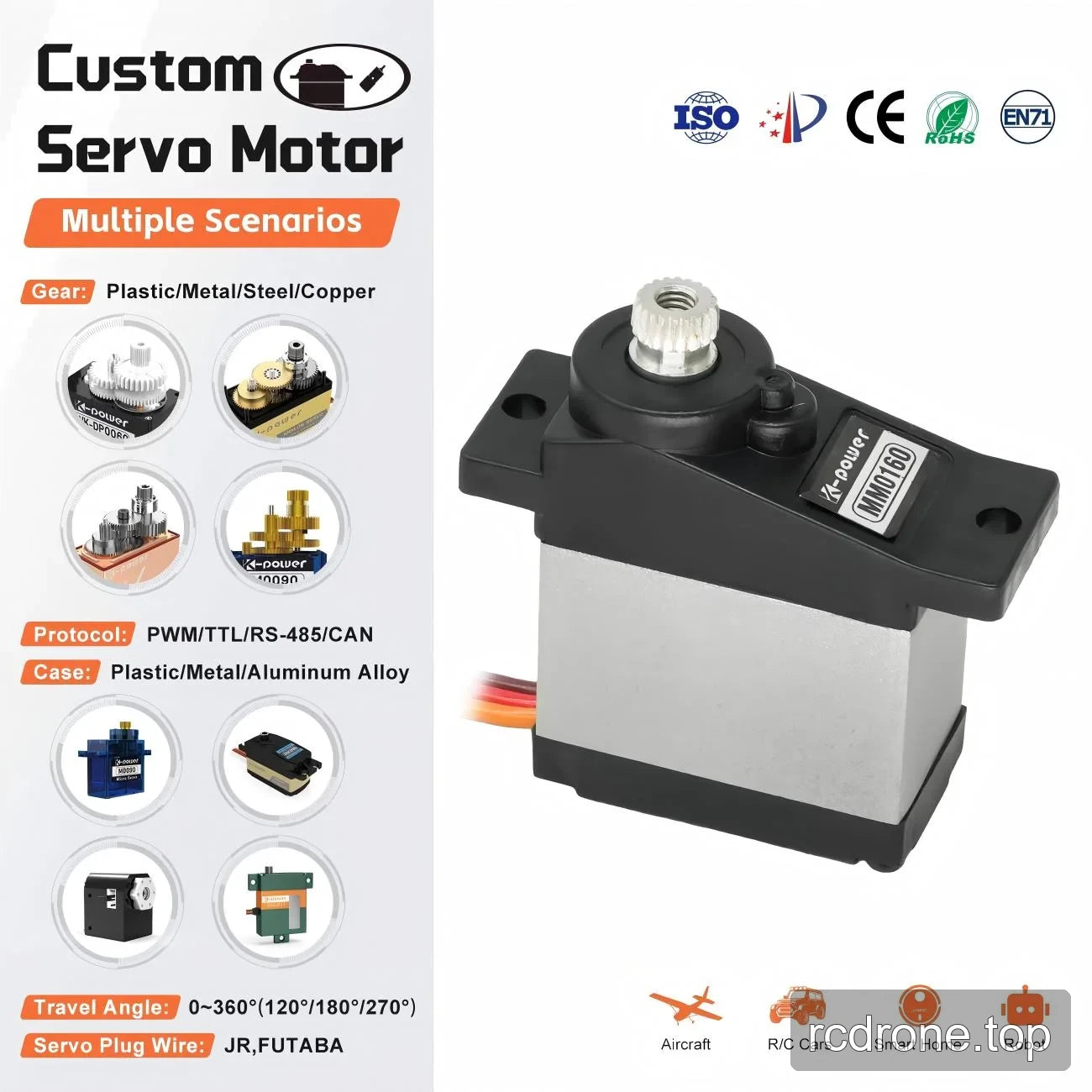 Kpower MM0160 with splined shaft and mounting tabs beside generic customization references