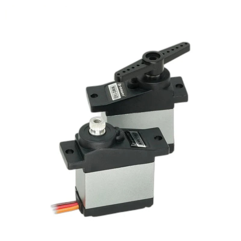 Two black and silver servos, with a bare splined shaft in front and a double-ended servo horn mounted on the rear unit.