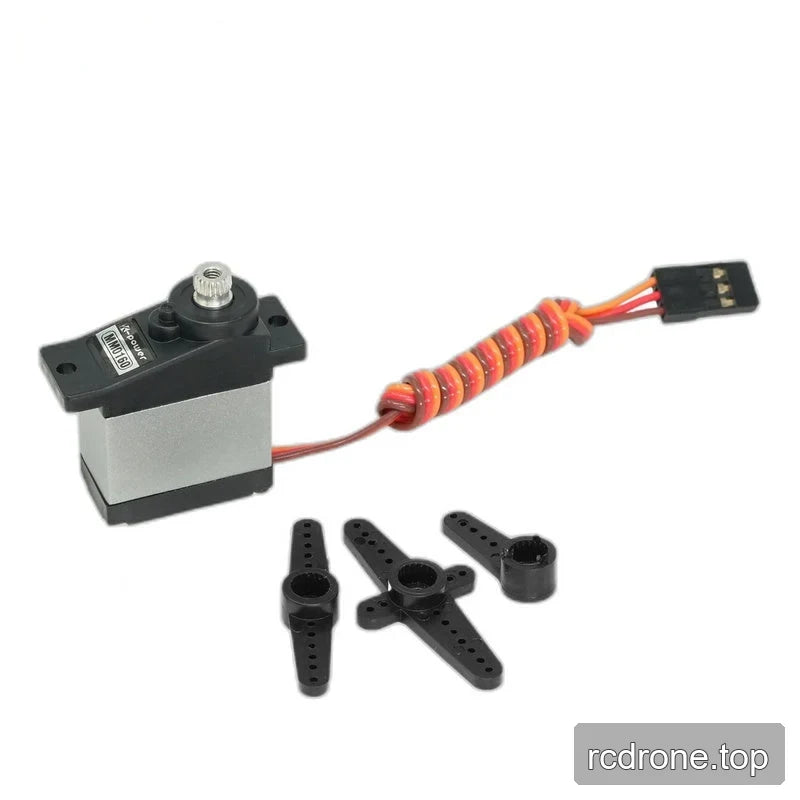MM0160 servo with a coiled three-color cable and black connector, shown beside assorted loose black servo horns.