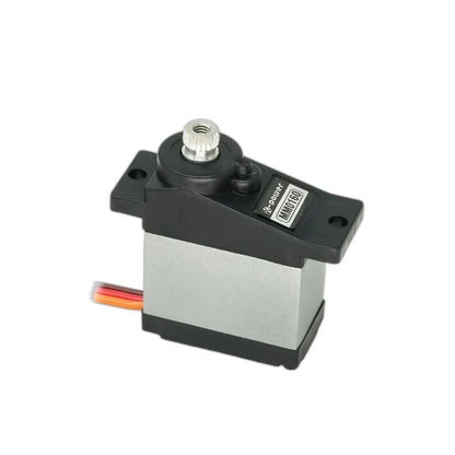 Black and silver MM0160 servo shown at an angle with exposed splined shaft, mounting tabs, and colored cable.