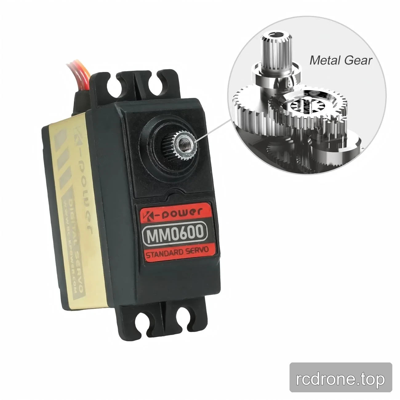 MM0600 servo with metal gear detail, splined output shaft and slotted mounting tabs