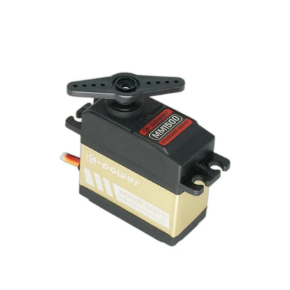 Black and gold servo with a double-arm horn fitted above the MM1500 label and an ANALOG SERVO side marking.