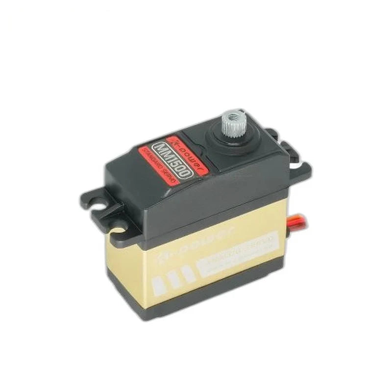 Black and gold MM1500 servo with exposed silver splined shaft and mounting tabs, viewed at an angle.