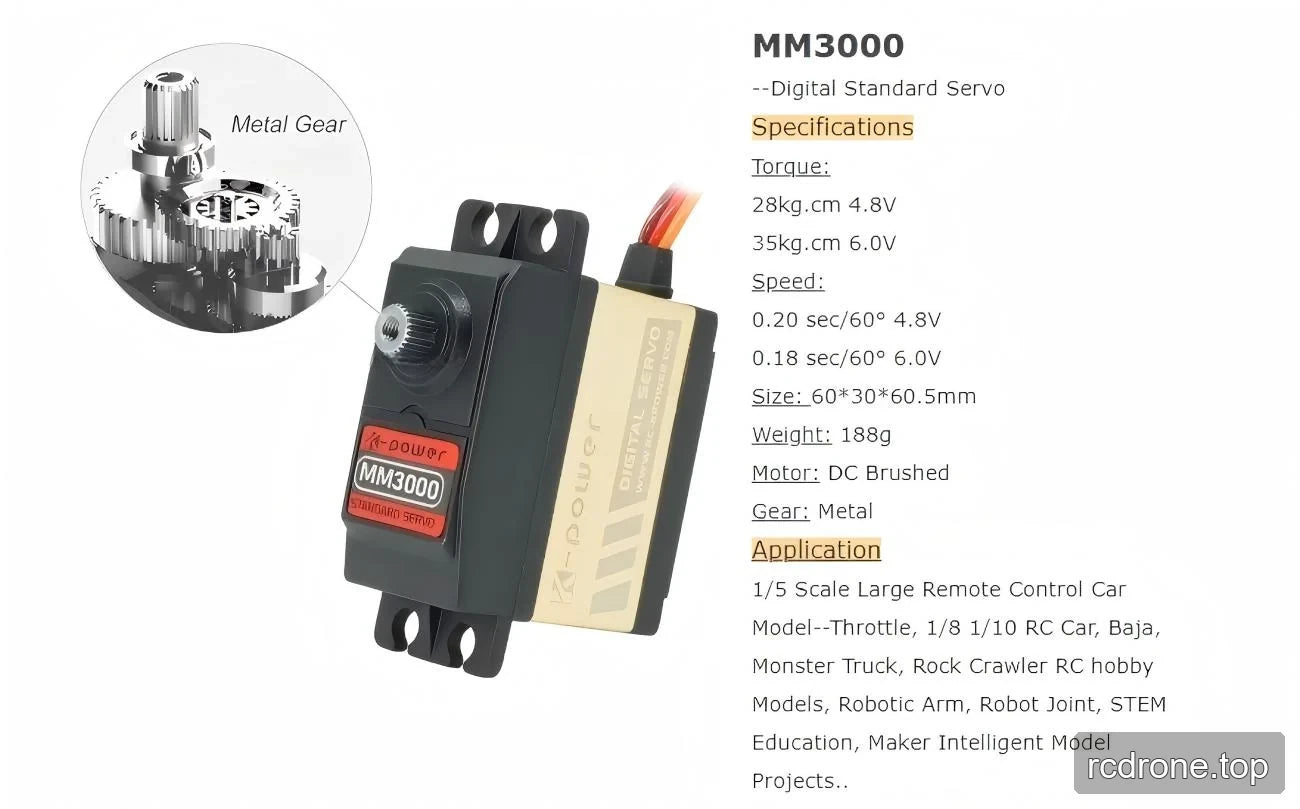 MM3000 torque and speed specifications at 4.8 V and 6.0 V with dimensions and applications