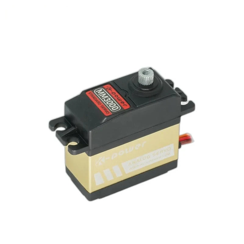 Black and gold Kpower MM3000 servo at an angle, showing the exposed splined shaft and slotted mounting tabs.