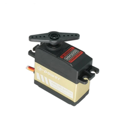 Kpower MM3000 servo with a black two-arm horn attached, showing its gold side panel and mounting tabs.