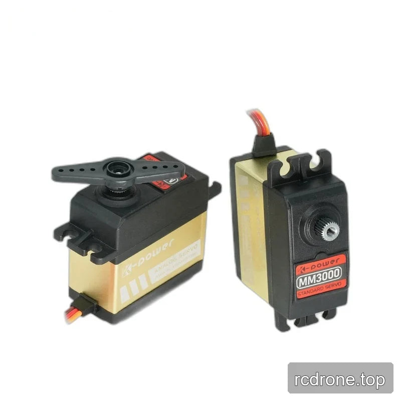 Two black and gold MM3000 servo views, one with a two-arm horn and the other showing the exposed splined shaft.
