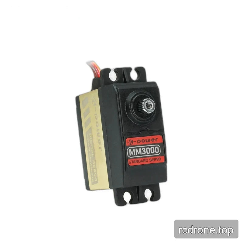 Upright MM3000 servo showing the silver splined output shaft, red model label, and mounting tabs at both ends.