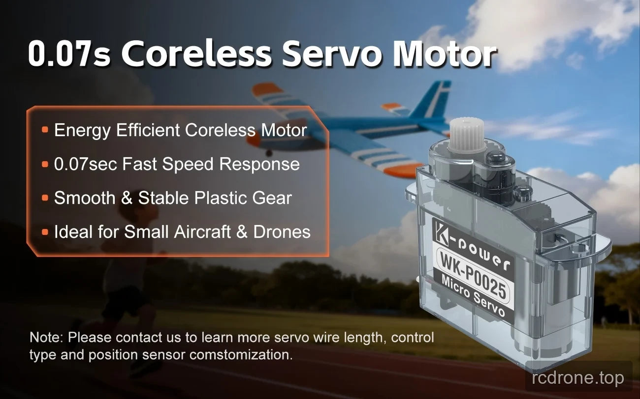 WK-P0025 coreless motor and plastic-gear feature graphic with small aircraft background