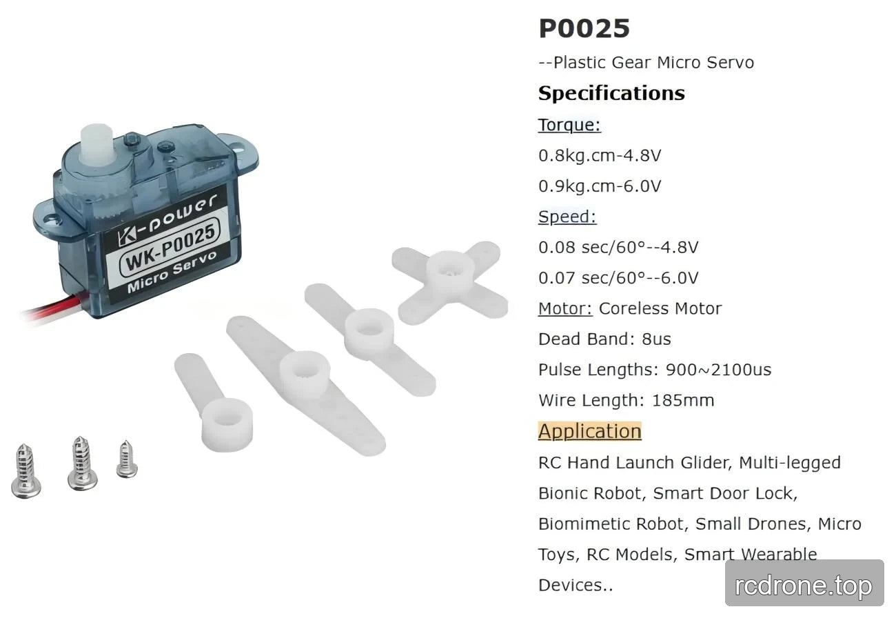 P0025 technical panel with voltage-specific values, servo horns and screws