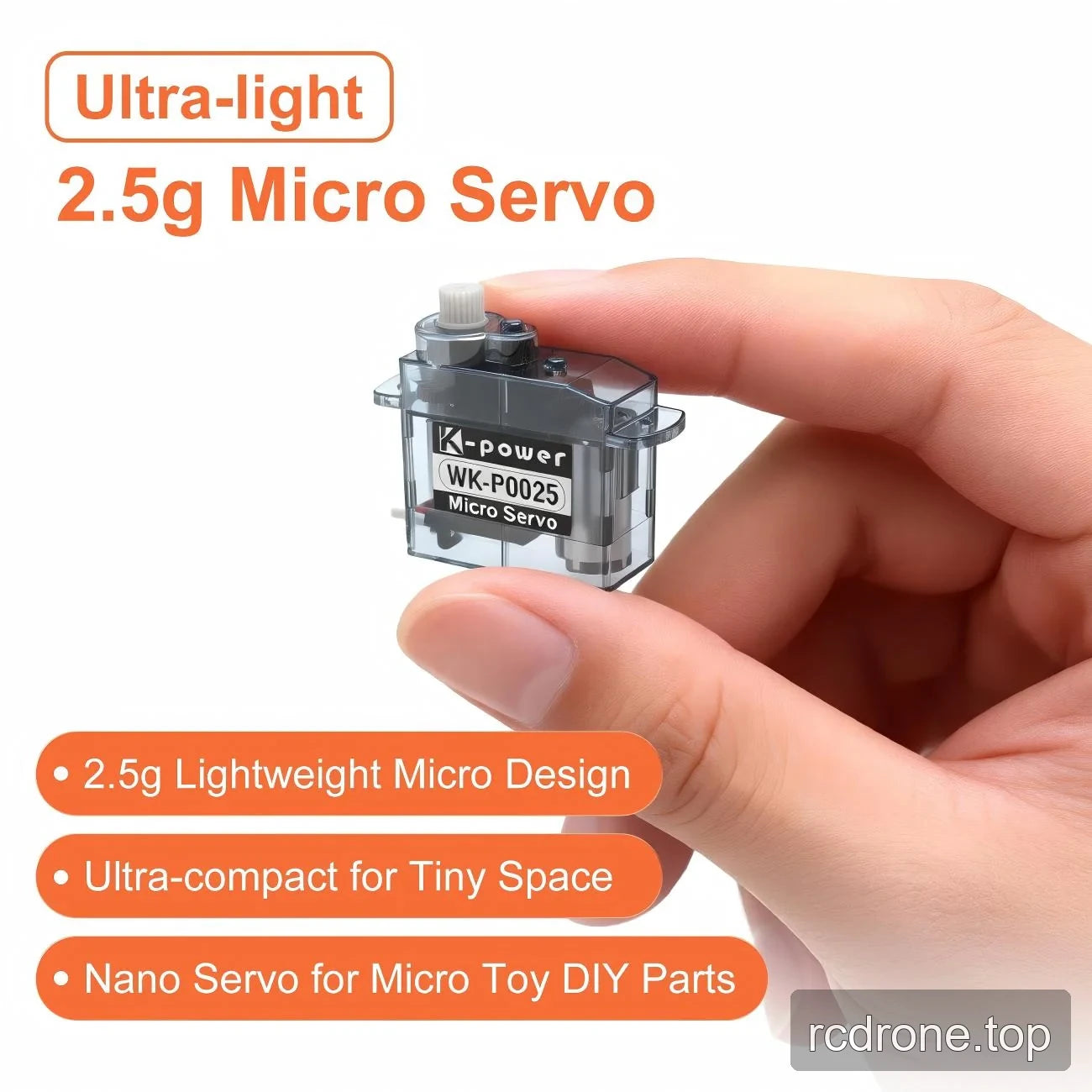 2.5 g micro servo held between fingertips for scale