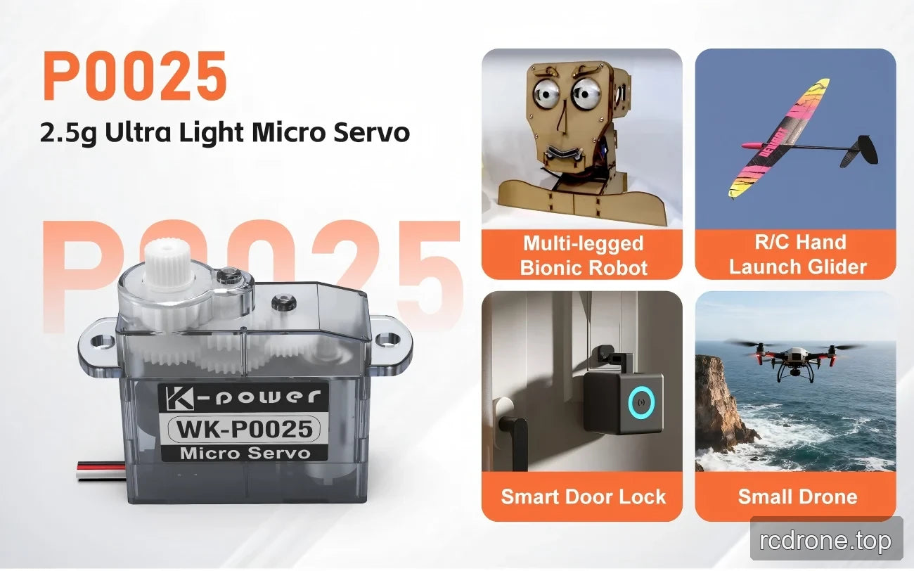2.5 g servo application graphic with robot, glider, door-lock and drone examples