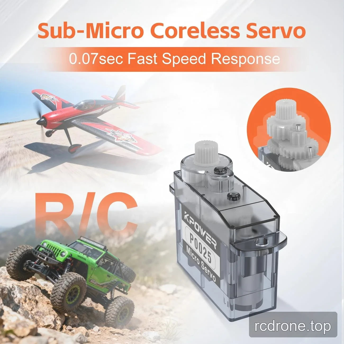 Coreless micro servo feature graphic with gear detail and RC aircraft and car examples