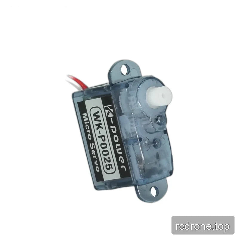 Diagonal top view of the blue micro servo showing its white shaft, gears beneath the clear cover, screws and mounting holes.