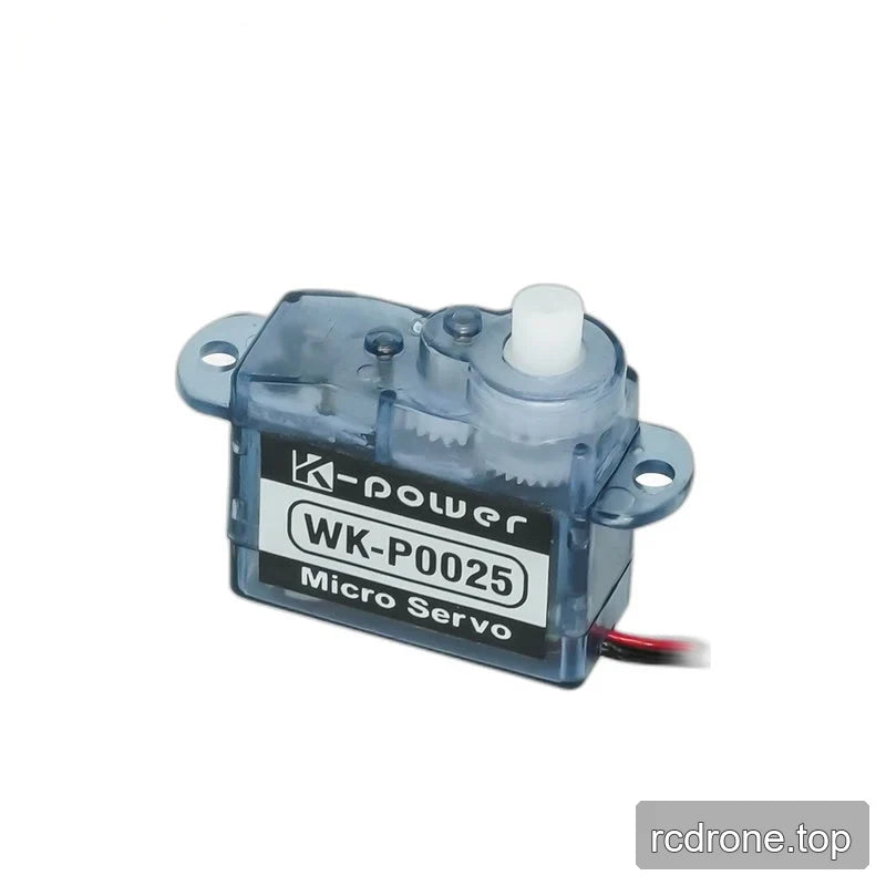 WK-P0025 micro servo viewed from the front-right, with a white output shaft, translucent blue housing and visible gears.
