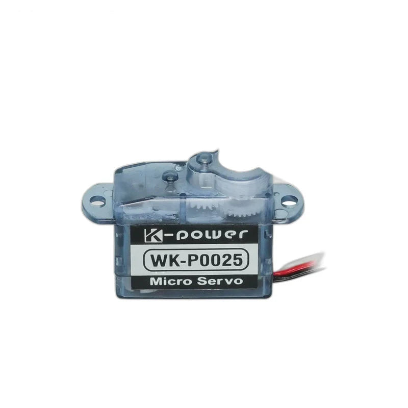 Front view of the blue micro servo with WK-P0025 label, two mounting holes, visible internal gears and right-side wires.