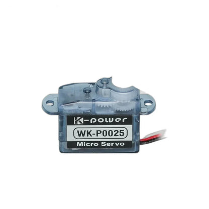 Front view of the blue micro servo with WK-P0025 label, two mounting holes, visible internal gears and right-side wires.