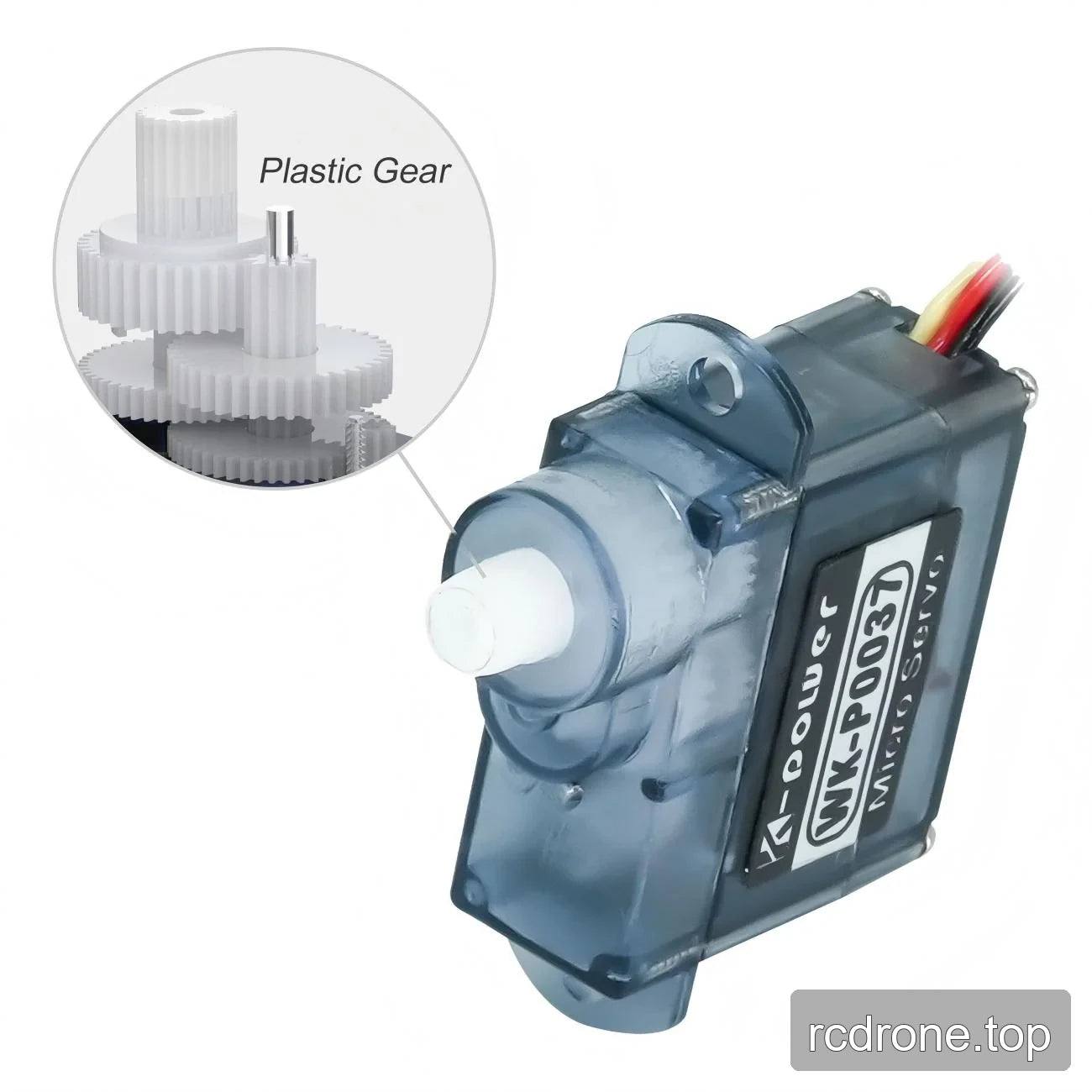 WK-P0037 micro servo with translucent housing and plastic gear detail