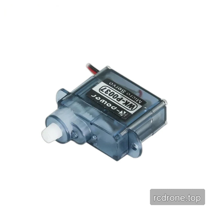 Translucent micro servo lying diagonally, with its WK-P0037 label facing up and white shaft pointing lower left.