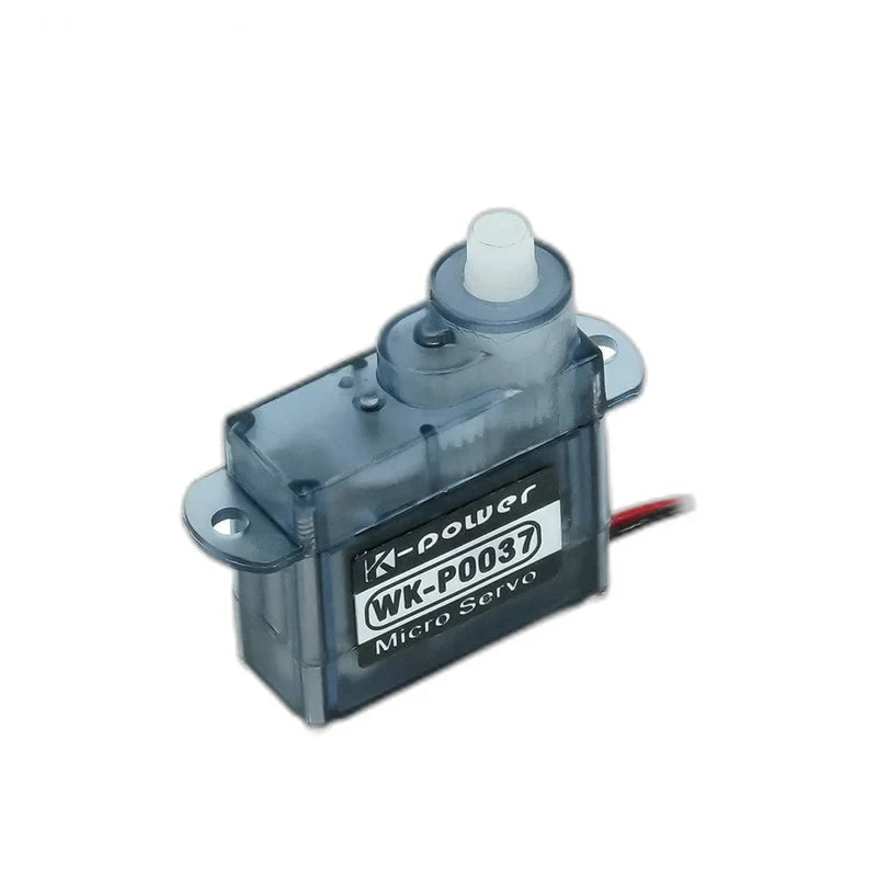 WK-P0037 micro servo at an upright angle, showing translucent housing, white output shaft, and mounting tabs.