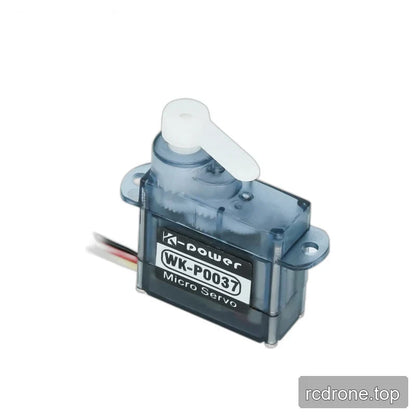 WK-P0037 micro servo with a white single-arm horn attached, translucent casing, and wires extending to the left.