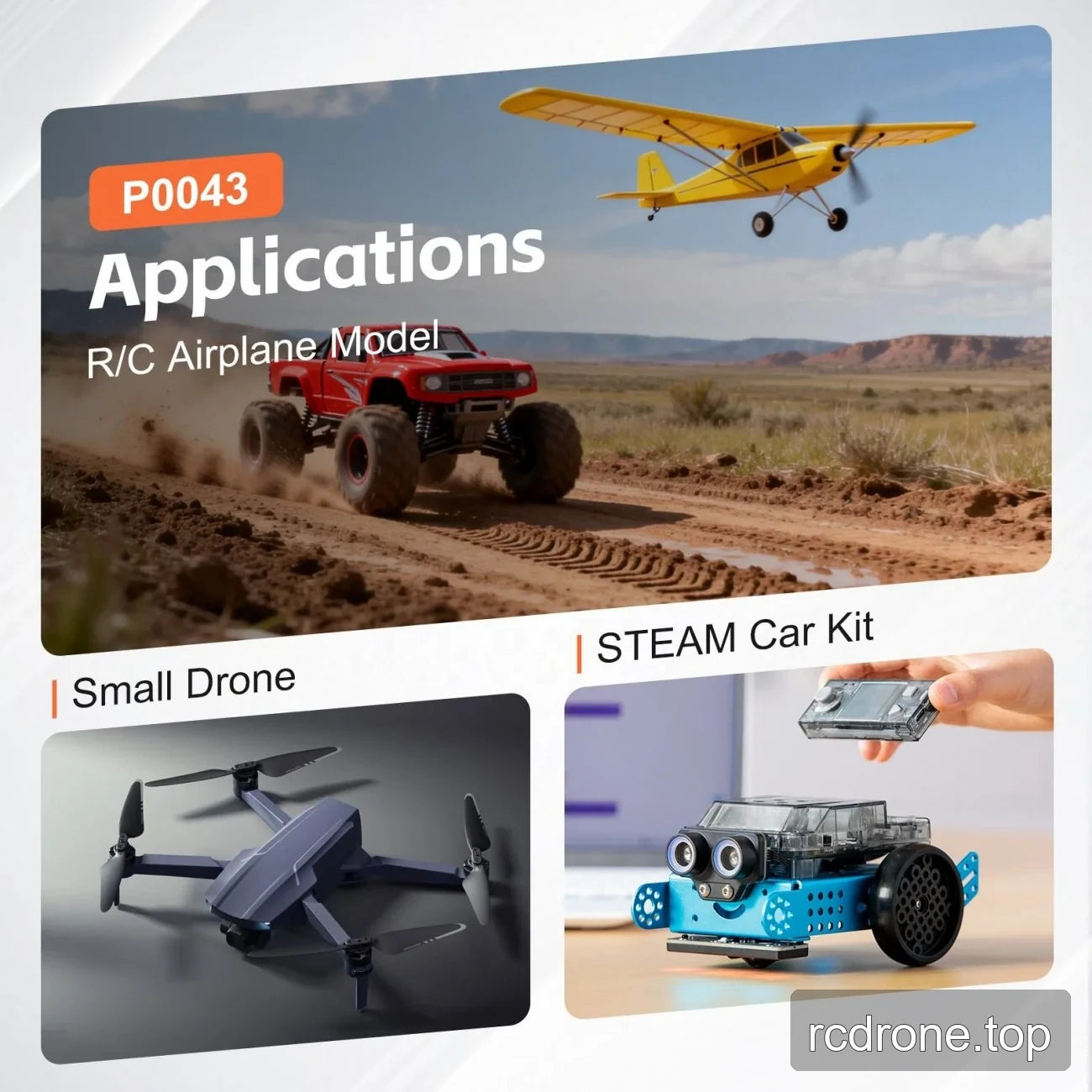 P0043 application collage with RC airplane, small drone and STEAM car kit