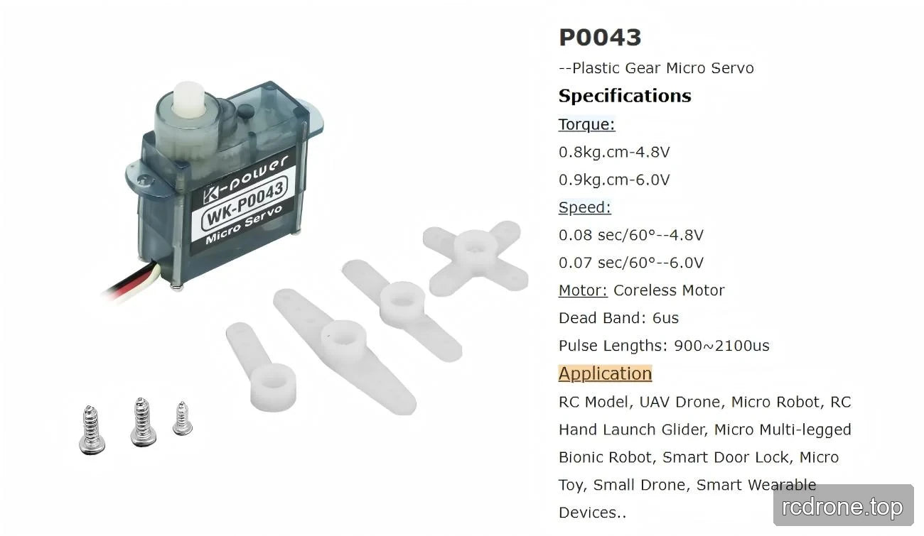 P0043 control specifications beside the servo, four horns and three screws