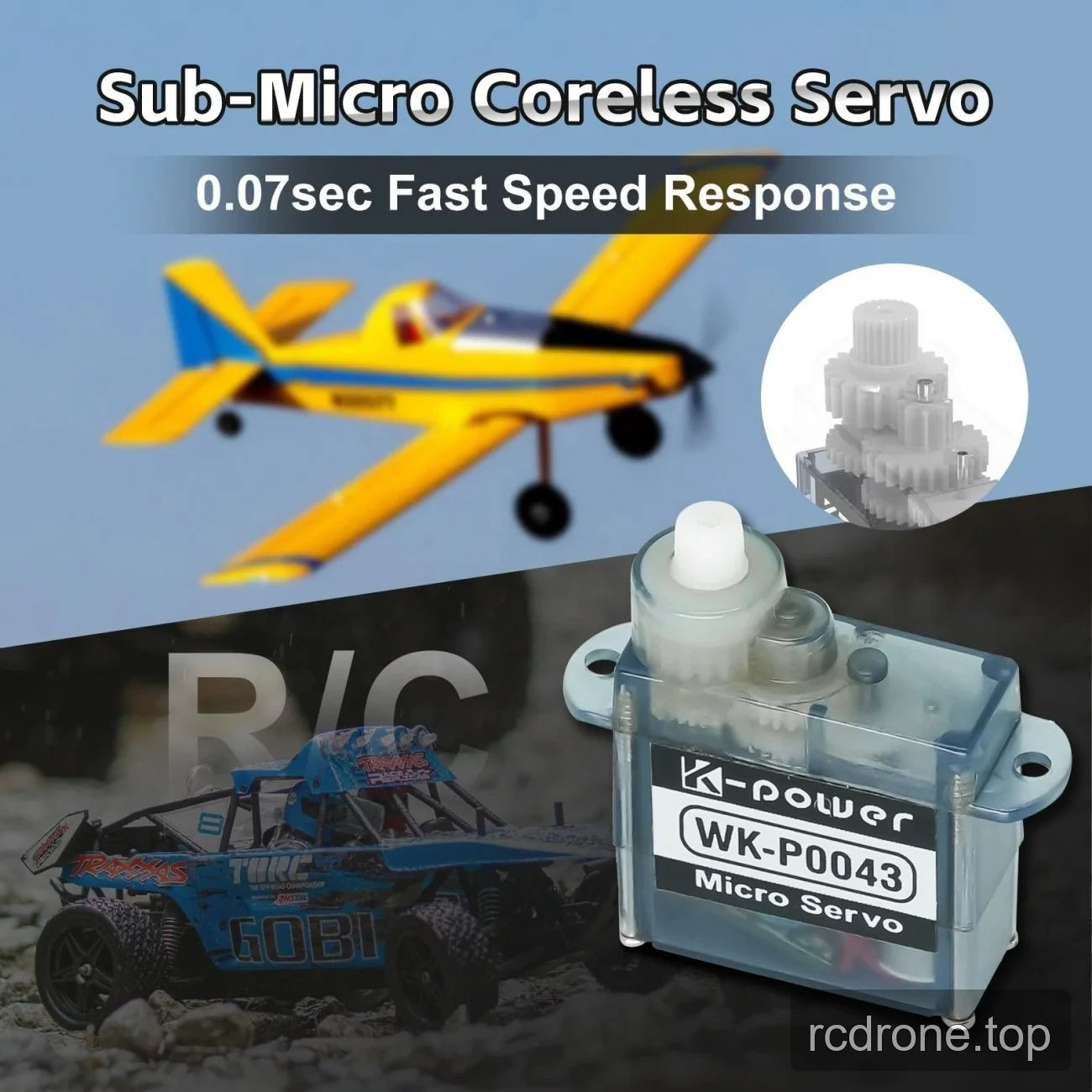 WK-P0043 coreless servo with RC aircraft, car and gear-train illustrations