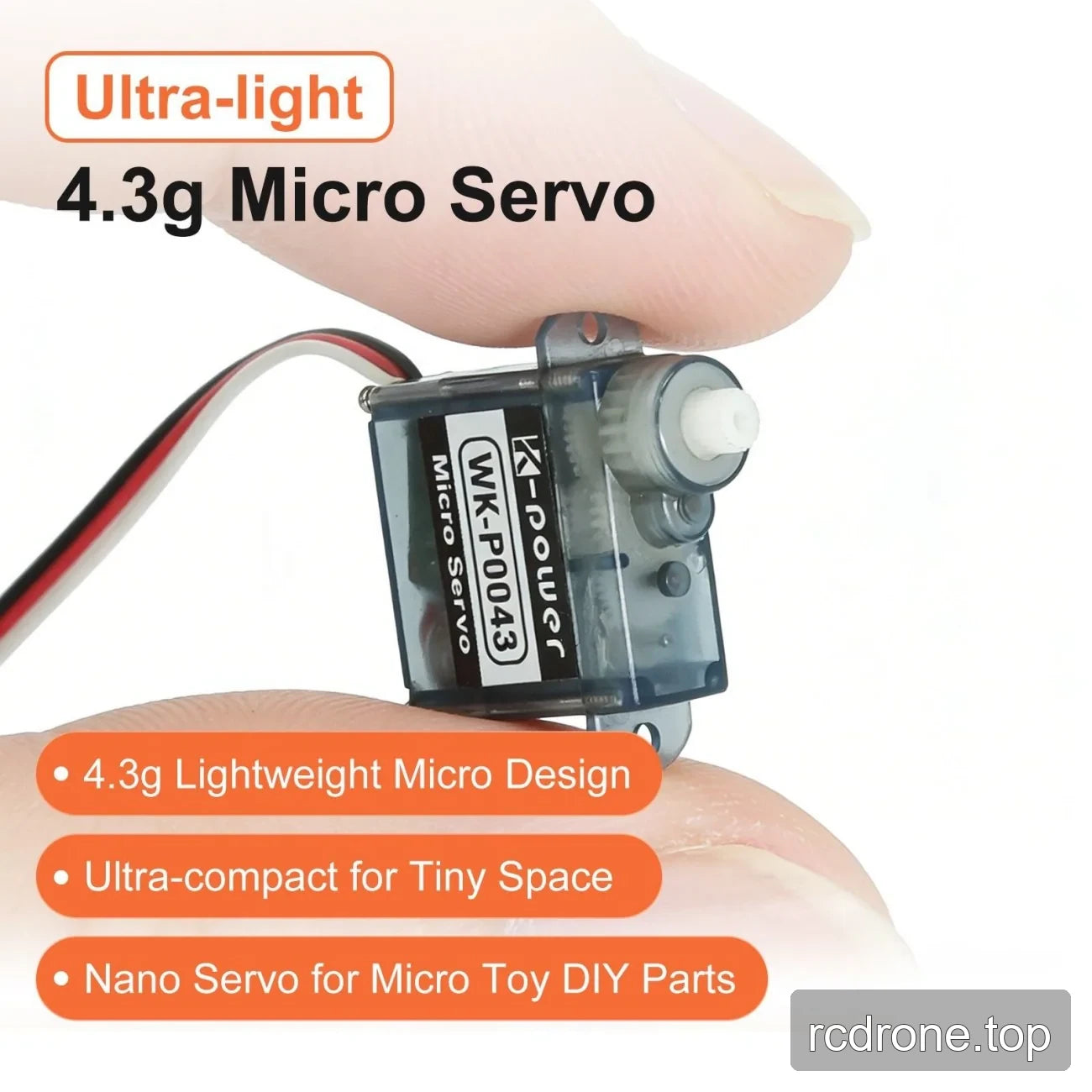 P0043 micro servo held between fingertips for size reference