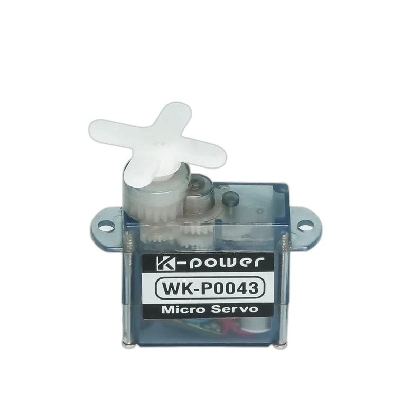 Translucent blue-gray WK-P0043 micro servo with a white four-arm horn, visible gears, and two mounting tabs.