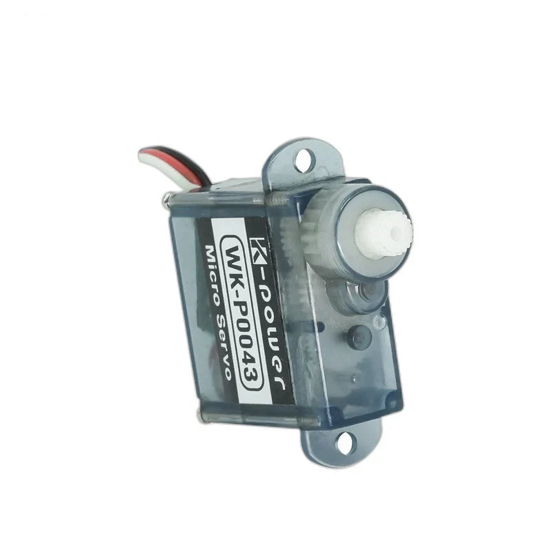 Tilted WK-P0043 micro servo showing its white output shaft, translucent housing, mounting holes, and three-color cable.