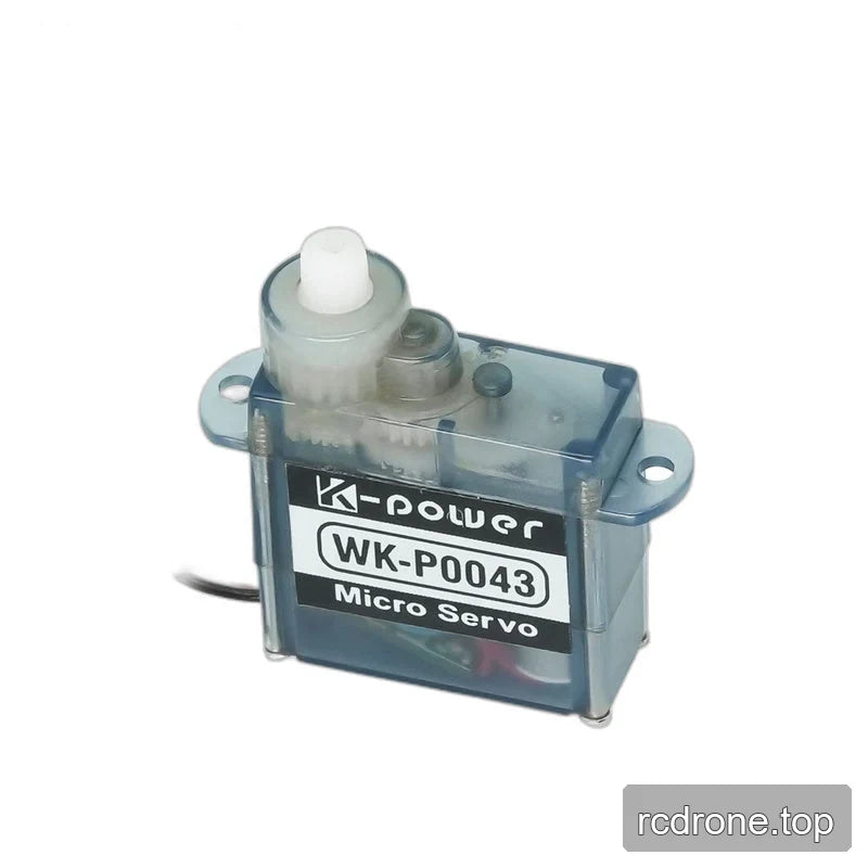 Upright WK-P0043 micro servo with front label, visible internal gears, white output shaft, and right-side housing in view.