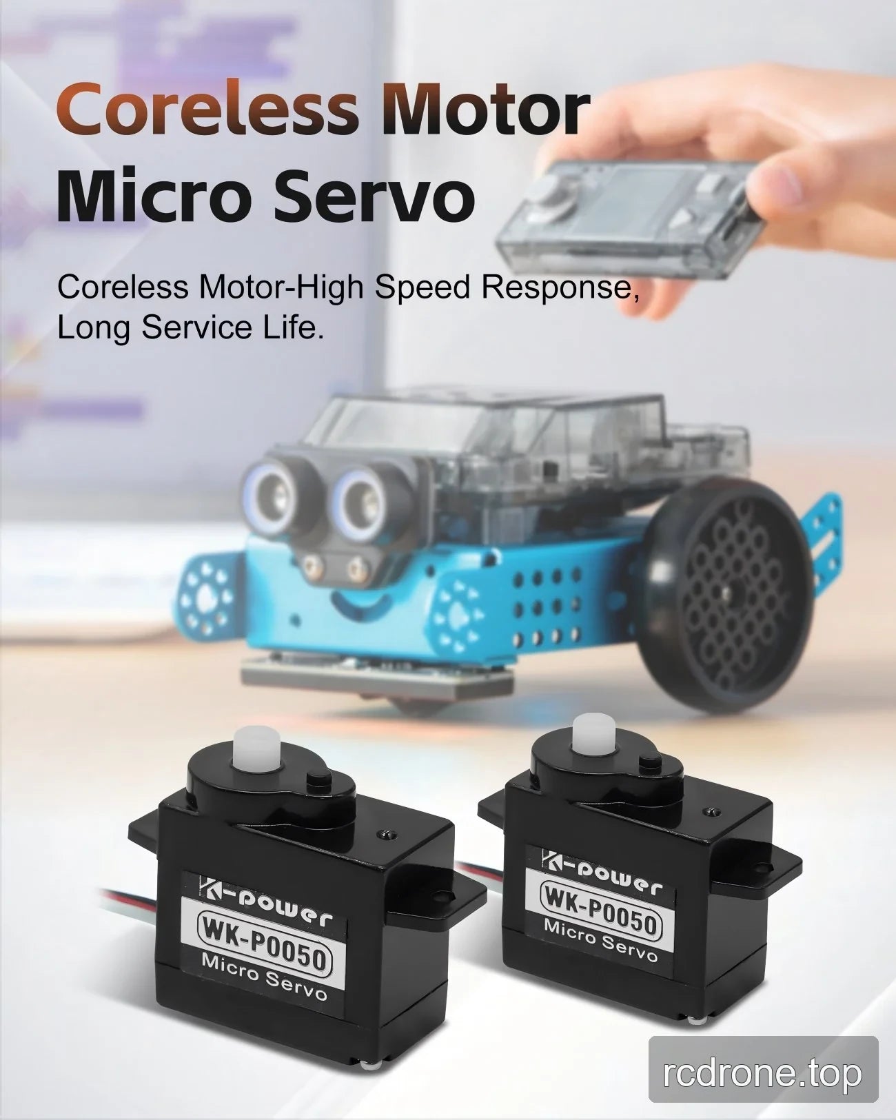 WK-P0050 coreless micro servos beside a small wheeled robot illustration