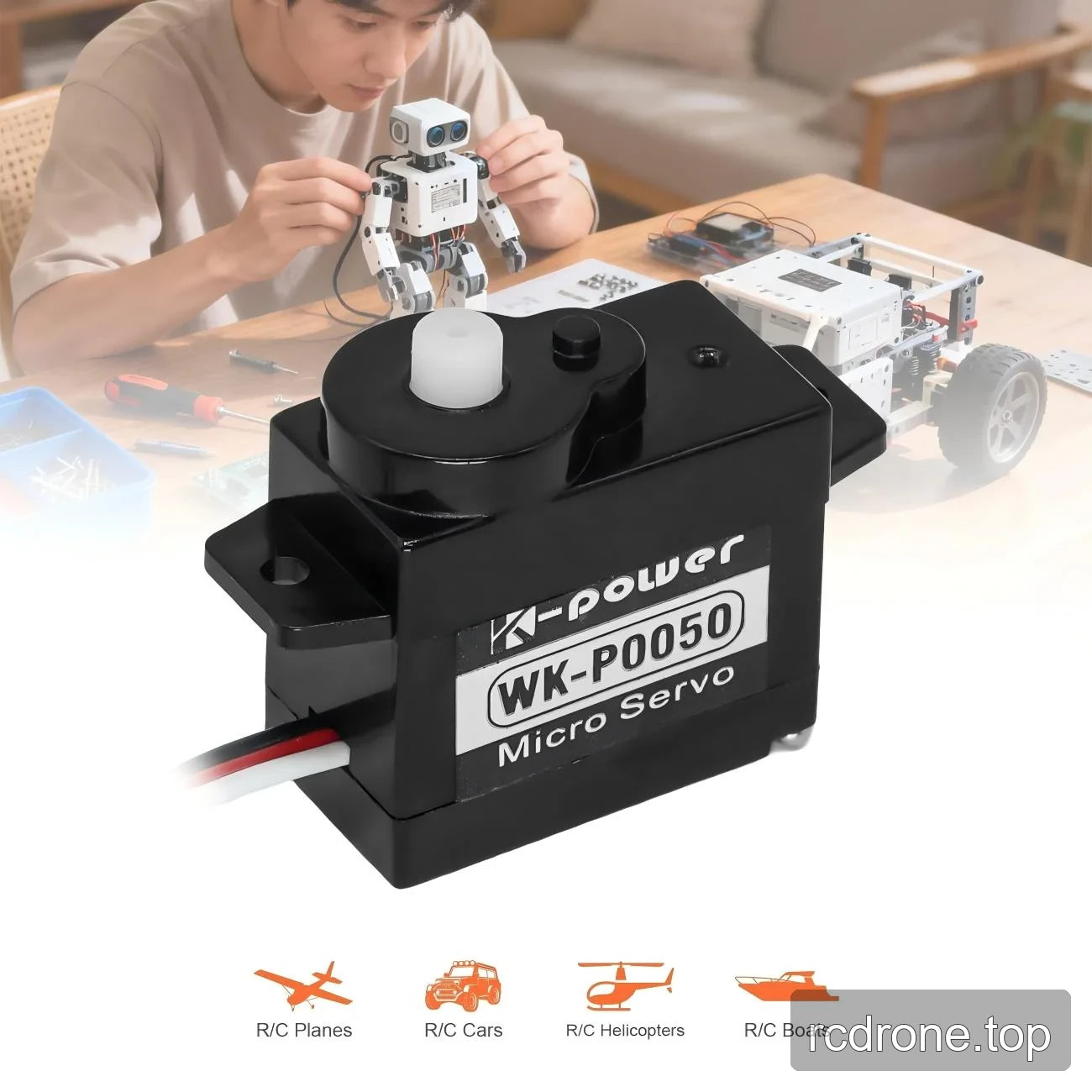 WK-P0050 micro servo with mounting tabs, three-wire lead and RC model application icons