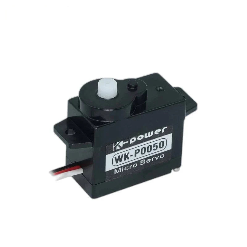 Black WK-P0050 micro servo viewed from above, showing its white output shaft, left mounting tab and wire leads.