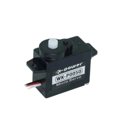 Black WK-P0050 micro servo viewed from above, showing its white output shaft, left mounting tab and wire leads.