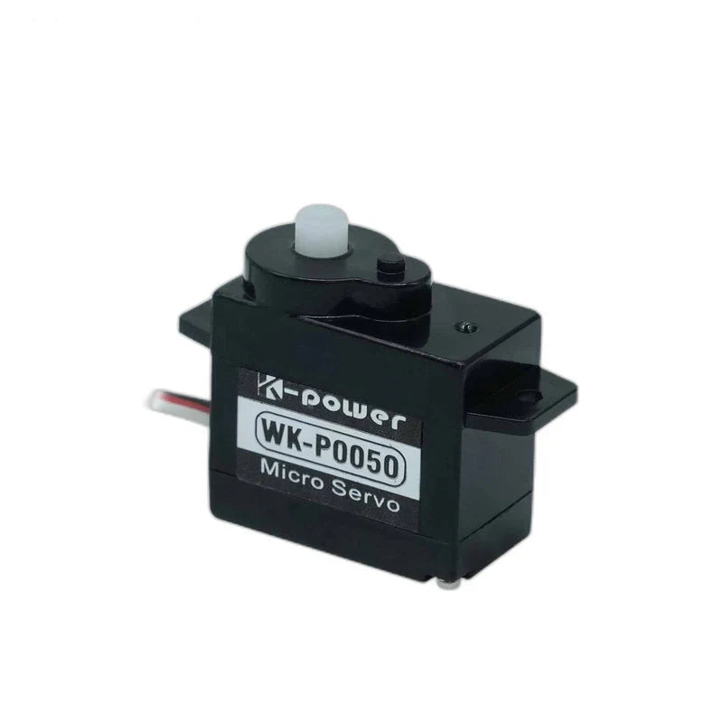 Black WK-P0050 micro servo at an angle showing the front label, right side casing, mounting tab and white output shaft.