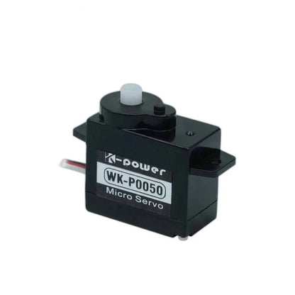 Black WK-P0050 micro servo at an angle showing the front label, right side casing, mounting tab and white output shaft.