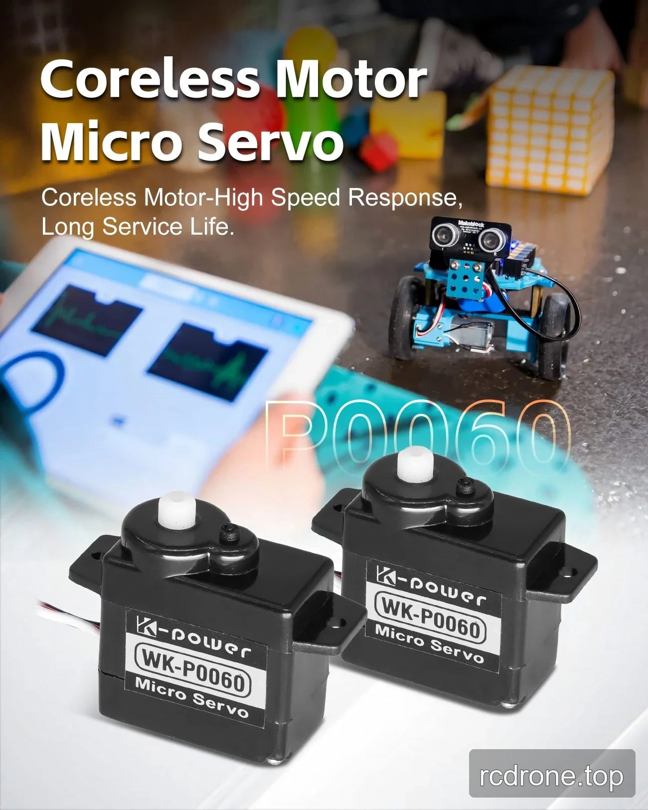 WK-P0060 coreless-motor servos with an educational robot backdrop