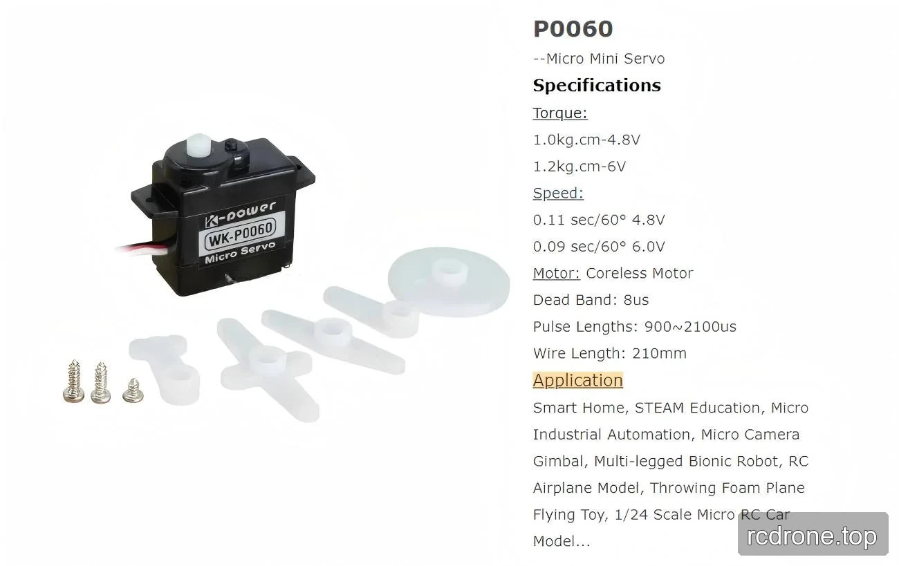 P0060 servo specification panel with accessory horns and screws