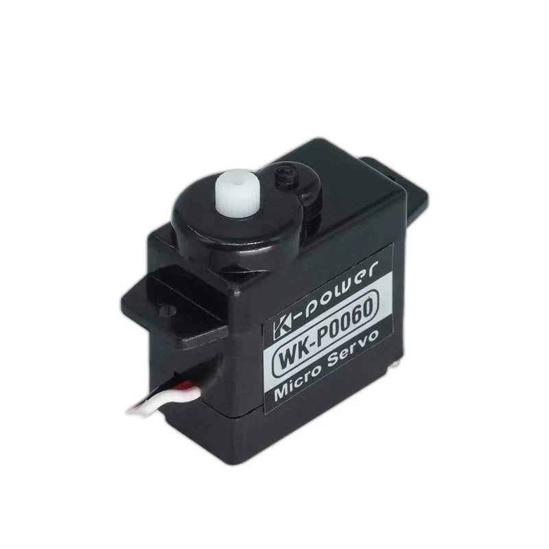 Black micro servo at an angle with white output shaft, WK-P0060 side label, and prominent left mounting tab.